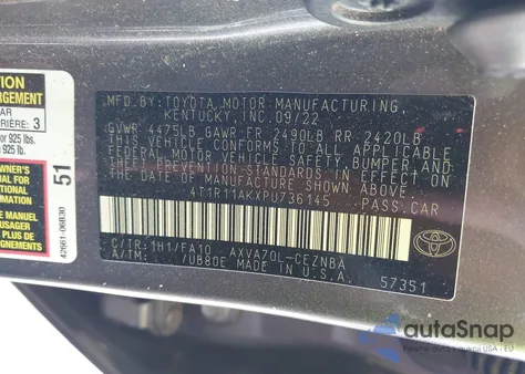 2023 Toyota Camry Le z USA, uszkodzony, nr VIN 4T1R11AKXPU736145